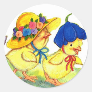Sticker Rond Poussins dans les Bonnets de Pâques