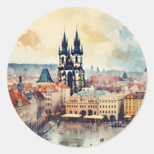 Sticker Rond Prague nuit en République Tchèque