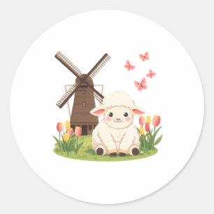 Sticker Rond Prairie aux moutons au moulin à vent