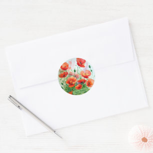 Sticker Rond Prairie de coquelicots, aquarelle -