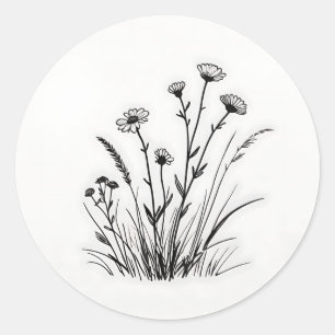 Sticker Rond Prairie de fleurs sauvages Marguerites Ligne Art
