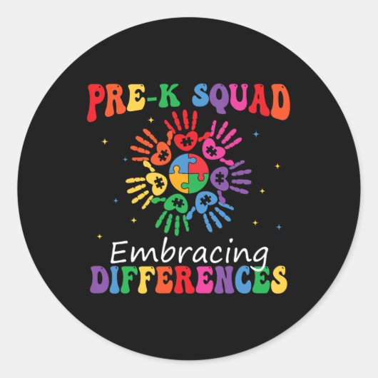 Sticker Rond Pré K Squad Accepter les différences Autisme Sped (Devant)