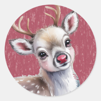 Sticker Rond Precious White Reindeer Red Shiny Nose Birthday