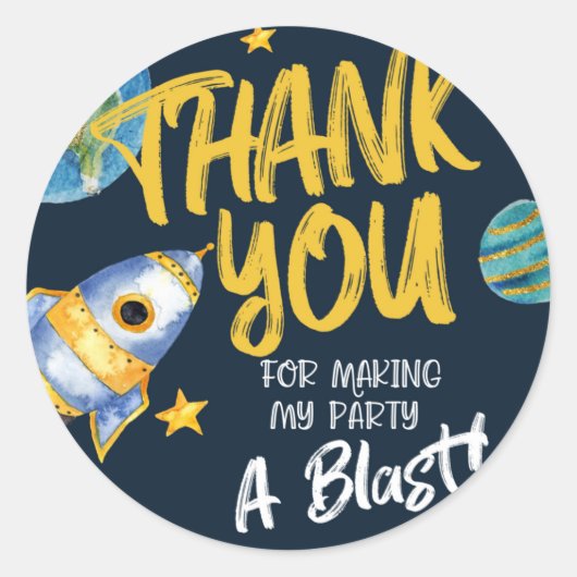 STICKER ROND PREMIER ANNIVERSAIRE, ANNIVERSAIRE SPATIAL, BLAST  (Devant)