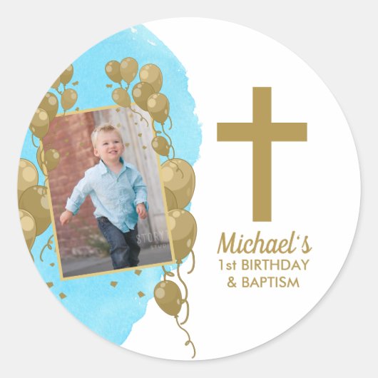 Sticker Rond Premier anniversaire Baptême Or Ballons Photo Boy (Devant)