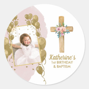 Sticker Rond Premier anniversaire Baptême rose Ballons d'or Pho