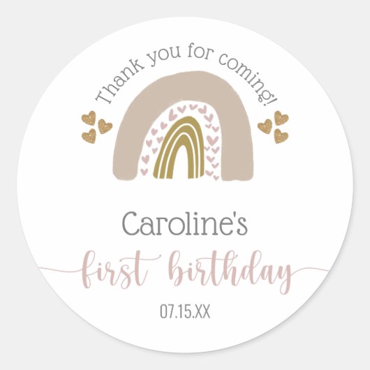 Sticker Rond Premier anniversaire Boho Rainbow Pink Gold Merci (Devant)
