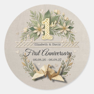 Sticker Rond Premier anniversaire de mariage Cranes en papier d