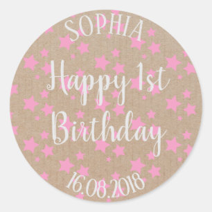 Sticker Rond Premier anniversaire fille rose étoiles papier d'a