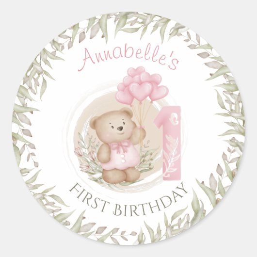 Sticker Rond Premier anniversaire mignon Ours en peluche avec b (Devant)