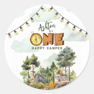Sticker Rond Premier Anniversaire One Happy Camper