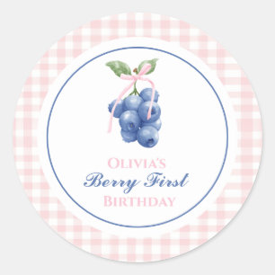 Sticker Rond Premier bleuet à ruban rose Gingham