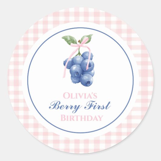 Sticker Rond Premier bleuet à ruban rose Gingham (Devant)