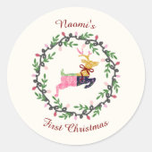 Sticker Rond Premier cerf de Noël avec couronne personnalisable (Devant)