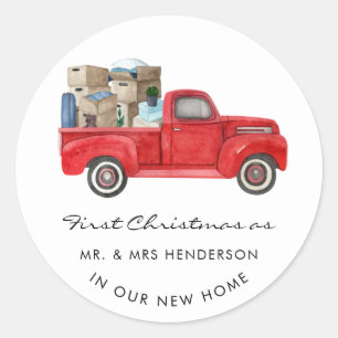 Sticker Rond Premier Noël Comme M. Mme Red Truck Maison de vaca