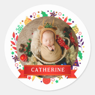 Sticker Rond Premier Noël du bébé simple et élégant Nom personn