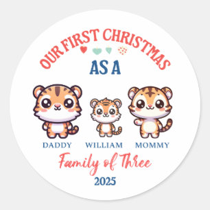 Sticker Rond Premier Noël en famille de trois mignons tigres
