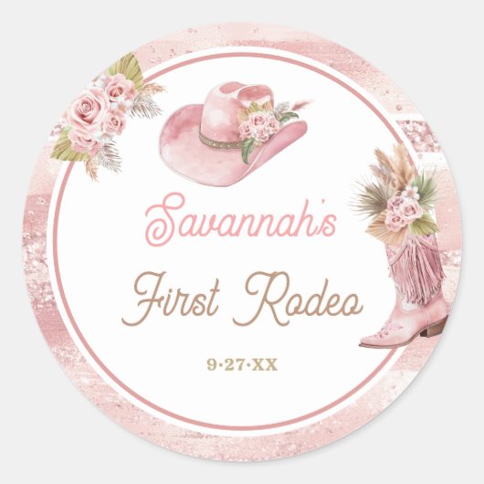Sticker Rond Premier Rodéo Boho Rose 1er Anniversaire (Devant)