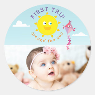 Sticker Rond Premier Voyage Autour Du Soleil Photo Anniversaire