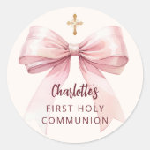 Sticker Rond Première communion arc rose fille croix crème (Devant)