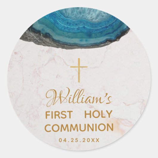 Sticker Rond Première communion Boy Blue Geode Marble Gold Cros (Devant)