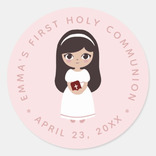 Sticker Rond Première Communion Brunette Girl Robe Blanche Rose (Devant)