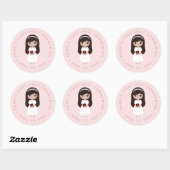Sticker Rond Première Communion Brunette Girl Robe Blanche Rose (Feuille)