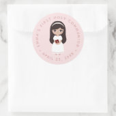 Sticker Rond Première Communion Brunette Girl Robe Blanche Rose (Sac)