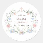 Sticker Rond Première communion de cadre floral élégant (Devant)
