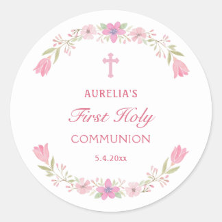 Sticker Rond Première communion de fleurs roses