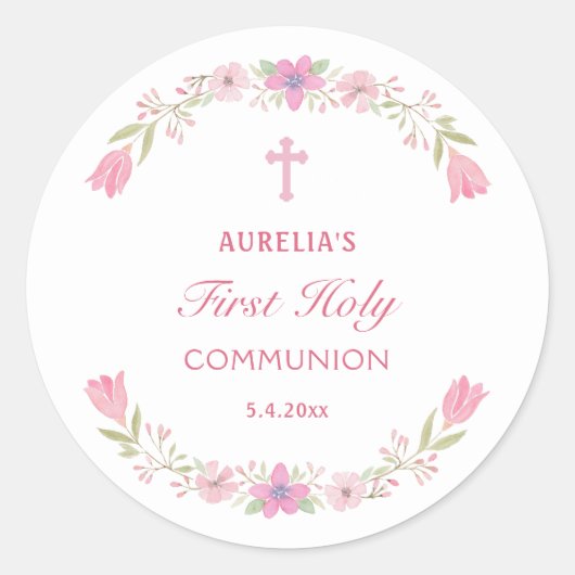 Sticker Rond Première communion de fleurs roses (Devant)
