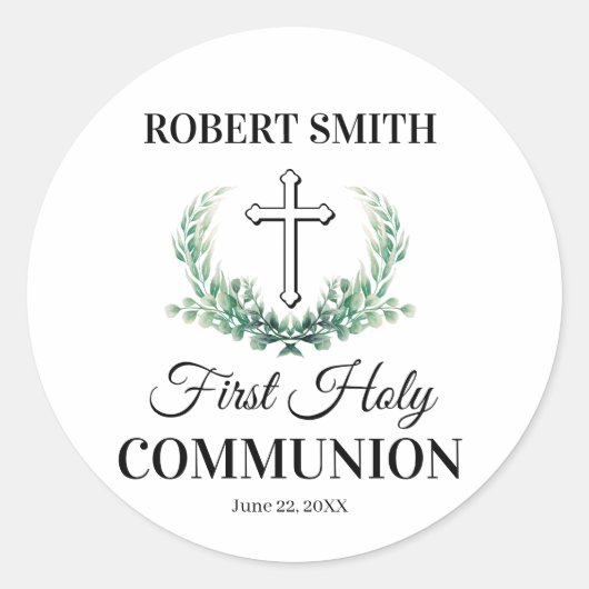 Sticker Rond Première communion feuille verte (Devant)