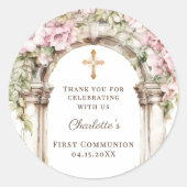 Sticker Rond Première communion fille croix d'arche de fleurs r (Devant)