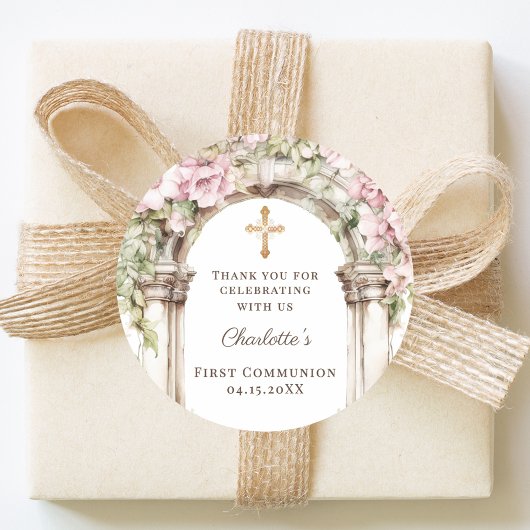 Sticker Rond Première communion fille croix d'arche de fleurs r