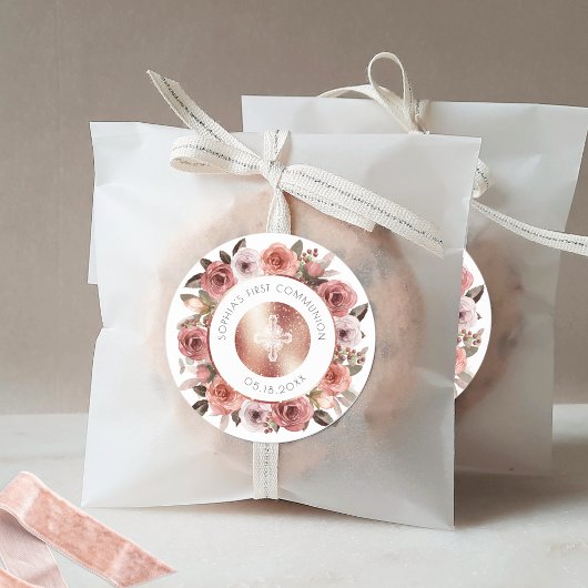 Sticker Rond Première communion fille, enveloppe florale et sce