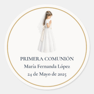 Sticker Rond Première communion fille priant