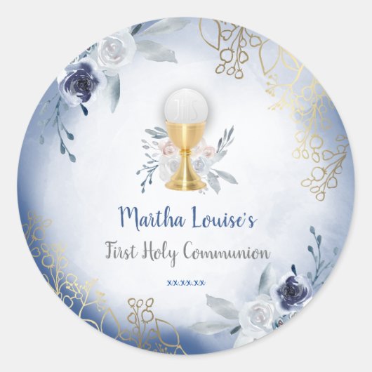 Sticker Rond première communion fleurs d'aquarelle bleue (Devant)