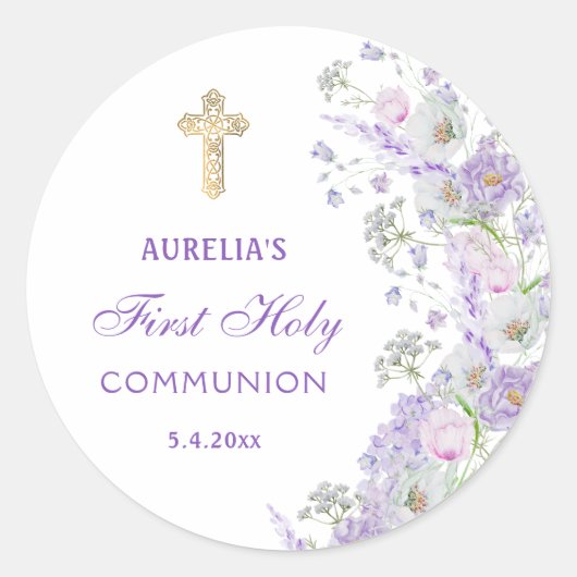 Sticker rond Première Communion Fleurs Lilac (Devant)