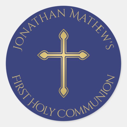 Sticker Rond Première Communion Gold Cross Monogramme Nom Bleu (Devant)