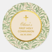 Sticker Rond Première Communion Green Feuilles Morris Faux Gold (Devant)