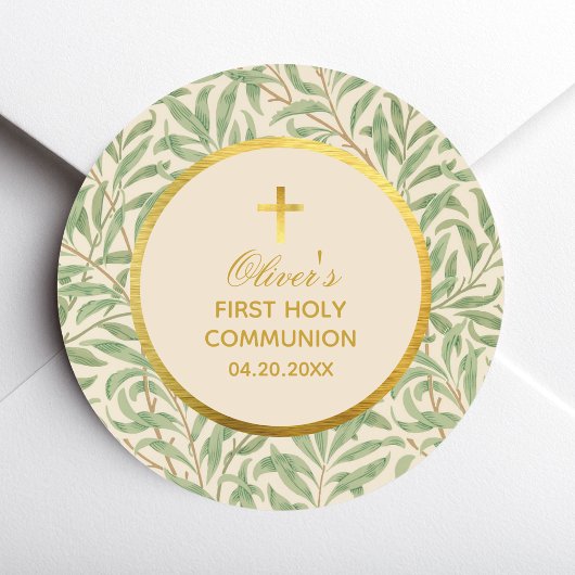 Sticker Rond Première Communion Green Feuilles Morris Faux Gold