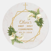 Sticker Rond Première communion Marbre Or Calla Lilies géométri (Devant)
