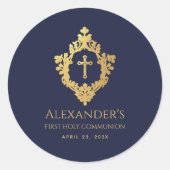 Sticker Rond Première communion Marine Blue Gold Crest Elegant  (Devant)