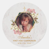 Sticker Rond Première Communion Photo Or rose Orchidées Marbre (Devant)