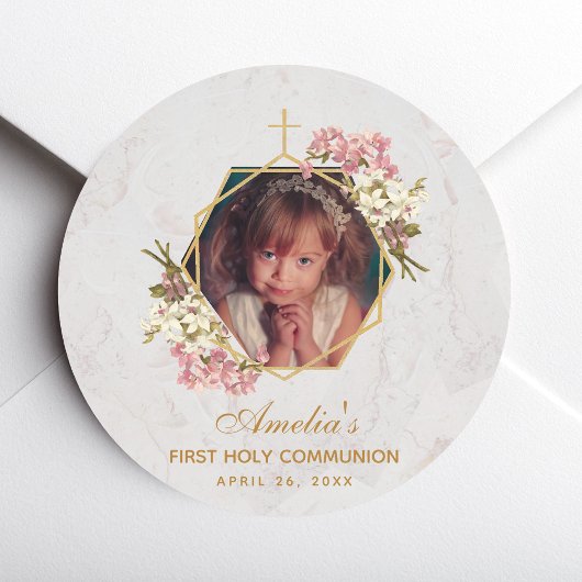 Sticker Rond Première Communion Photo Or rose Orchidées Marbre