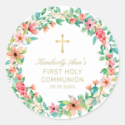 Sticker Rond Première communion Pink Floral Wreath Gold Nom cro (Devant)
