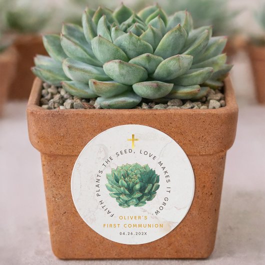 Sticker Rond Première Communion Plantes succulentes de foi vert