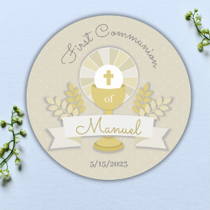 Sticker Rond Première communion, première communion beige