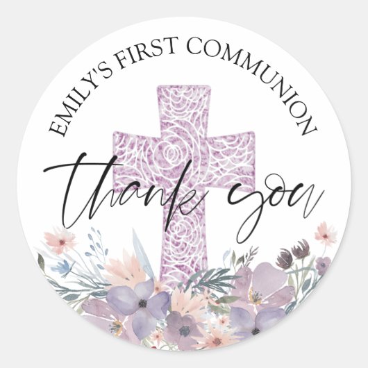 Sticker Rond Première communion violet Fleur sauvage Merci (Devant)