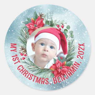 Sticker Rond Première couronne florale photo de Noël du bébé